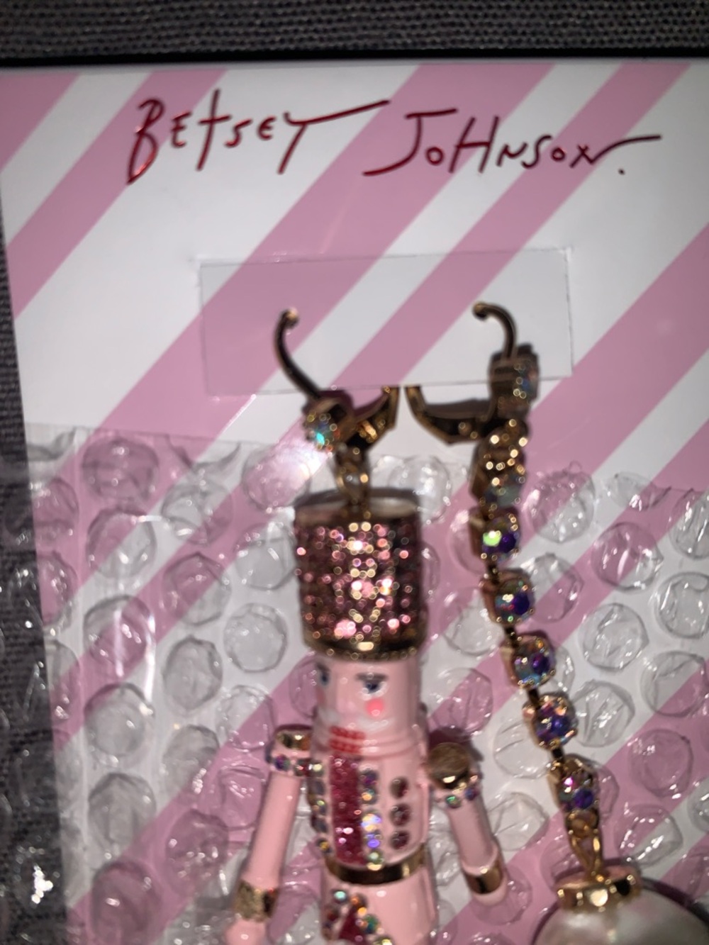 🆕-Betsey Johnson Pink Nutcracker Asymmetric Dangle Earrings with Floral Orb - Picture 3 of 6